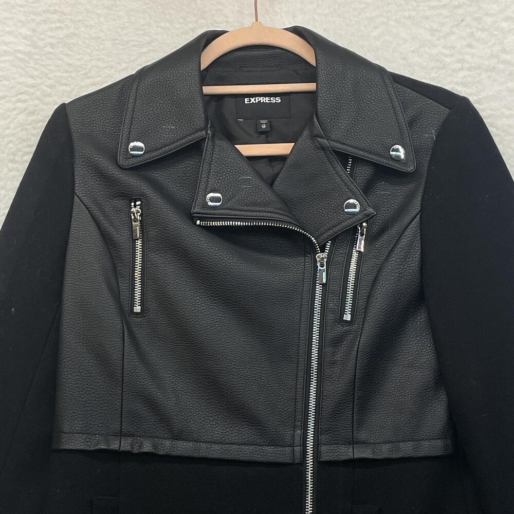 Express Motorcycle Coat Womens XS Black Wool Faux Leather Jacket Long Zip Moto - Picture 4 of 12